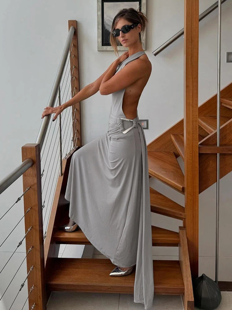 Concise Incline Shoulder Ribbons Backless Sheath Maxi