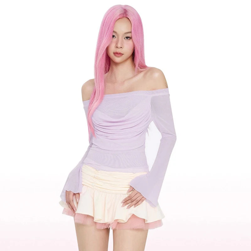 Looe Long Sleeve Meh One-Shoulder Top Light Slightly Tranparent Slim Pure Deire Wind Top