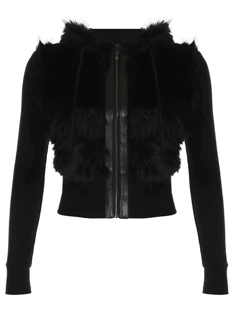 Zip Up Fur Patchwork Drawstring Hoodie Coats 's Jackets
