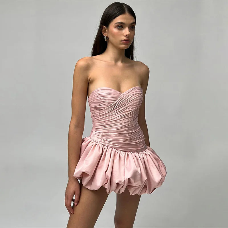 Strapless Backless Bud Dress For Folds Hem Solid Color Patchwork High Waisted Birthday Dress