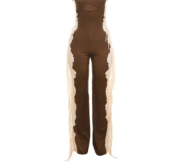Side Tassel Jumpsuit Hollow Contrast Stretch Fit Sleeveless Elastic Workout Long Overalls