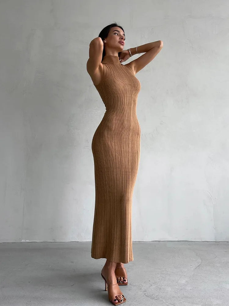 Sleeveless Knit Turtleneck Long Dress Slim Ribbed Knit Dress Maxi Dress