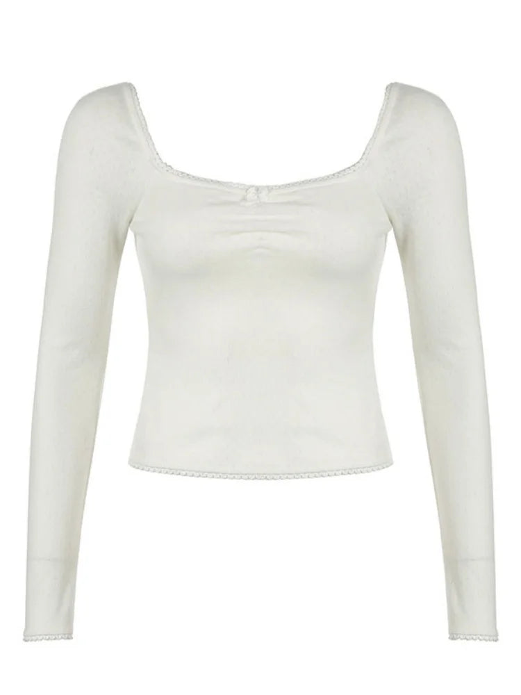 Square Collar Slim Folds Tee Shirts Long Sleeves s Lace Knitted Bow 's Top