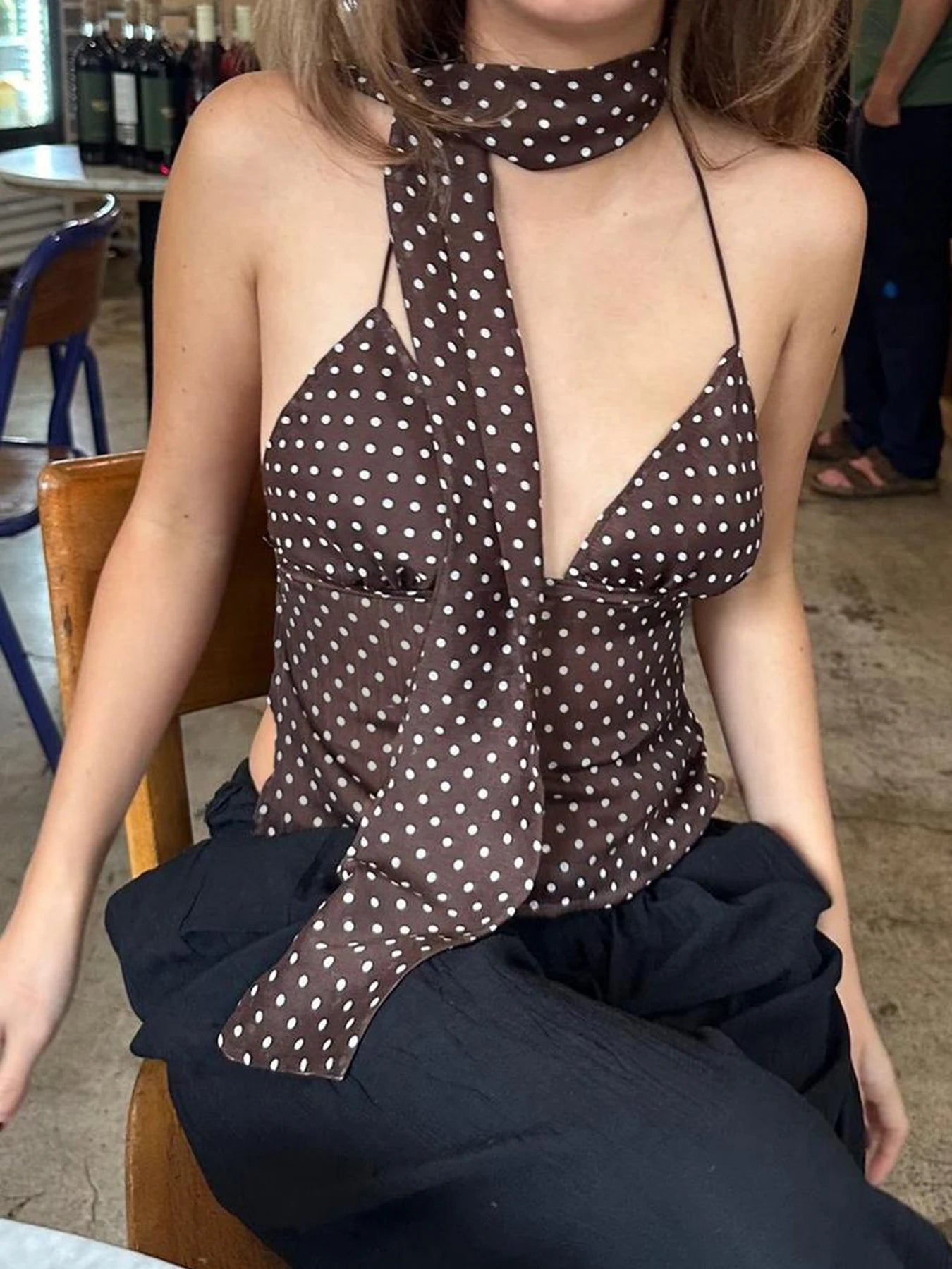Backless Dot Print Camisole Halter Neck