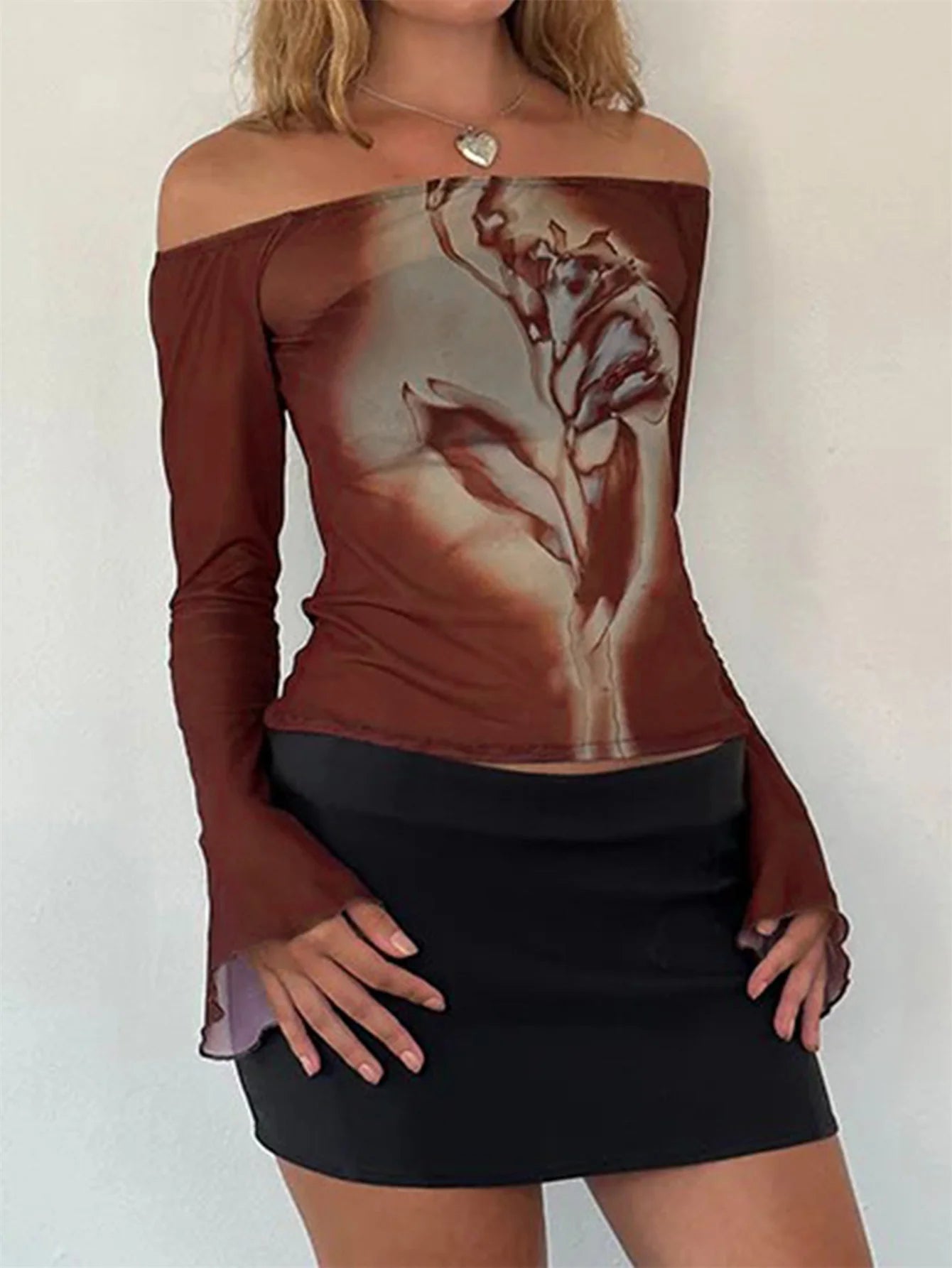 Brown Floral Mesh Flare Sleeves See Through Shirt