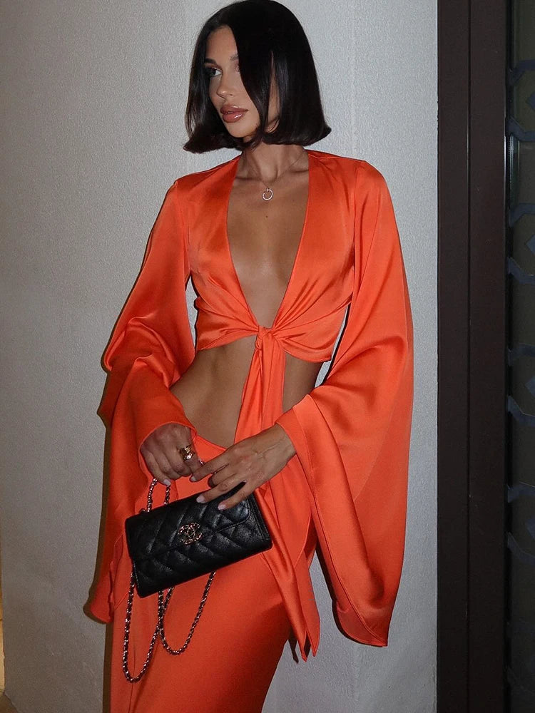 Sets Solid Flare Sleeve Deep V-Neck Tracksuits (Tops Long Skirts)Matching 2 Pieces