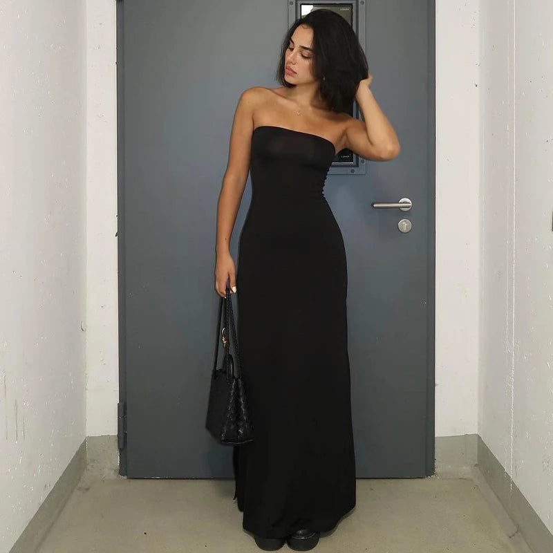 Black Strapless Long Sleeve Bodycon Maxi Dress