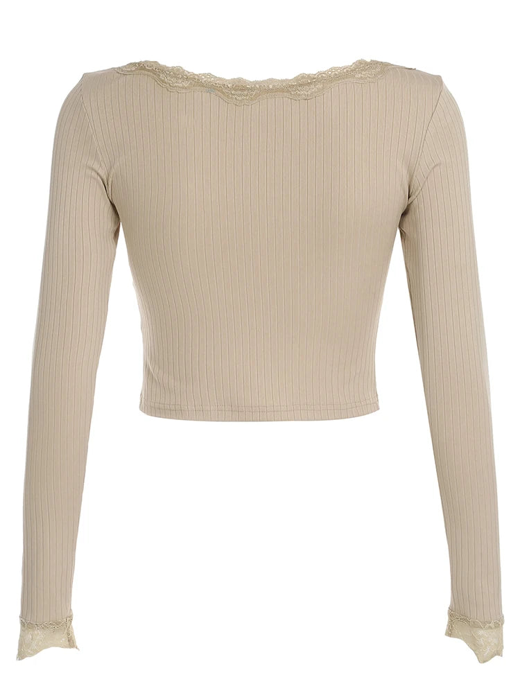 Lace Patchwork Khaki Crop Tee Shirts Buttons Crewneck Top Tee
