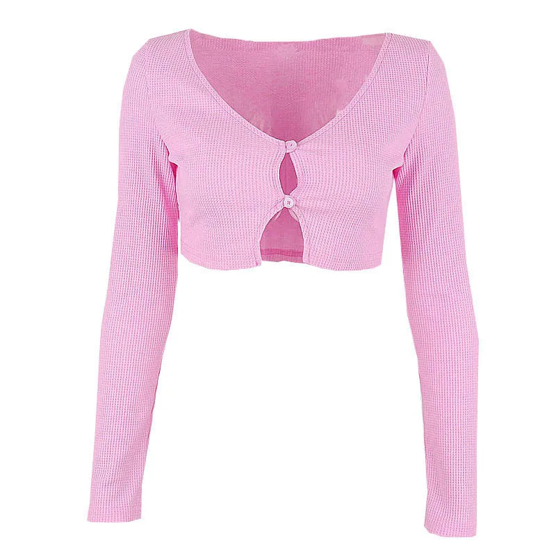 Pink Ribbed Knit T Shirt French Long Sleeves Cardigan Crop Top High-waist Exposed Navel Slim Top