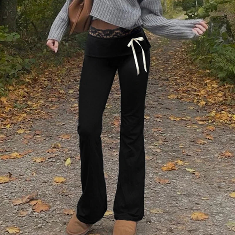 Lace Patchwork Bow Straight Pants Trousers Joggers Bottoms
