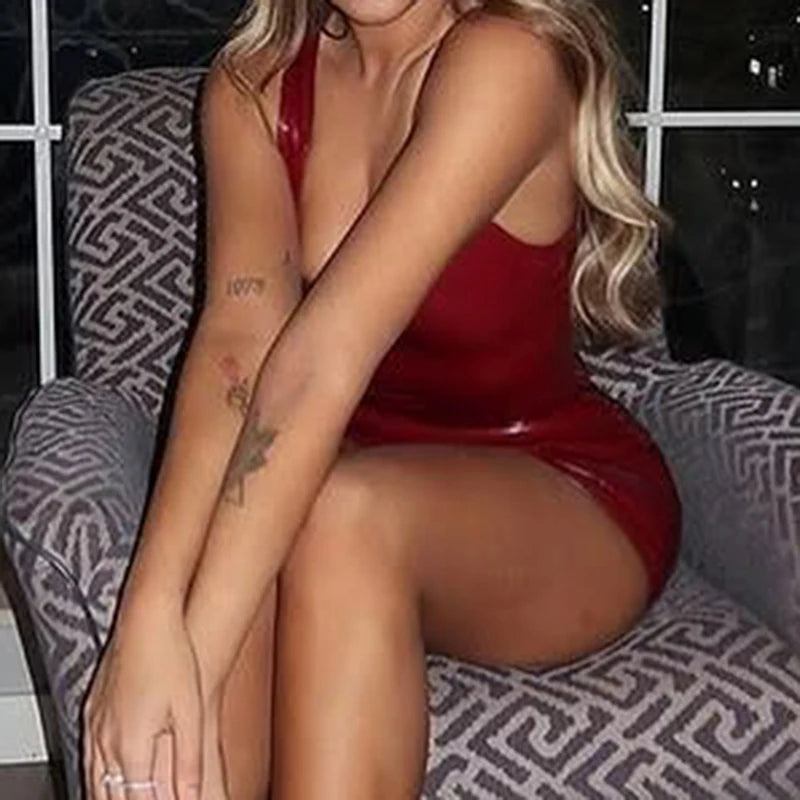 Red Shiny Leather Mini Dress Sleeveless ing Bodycon 's