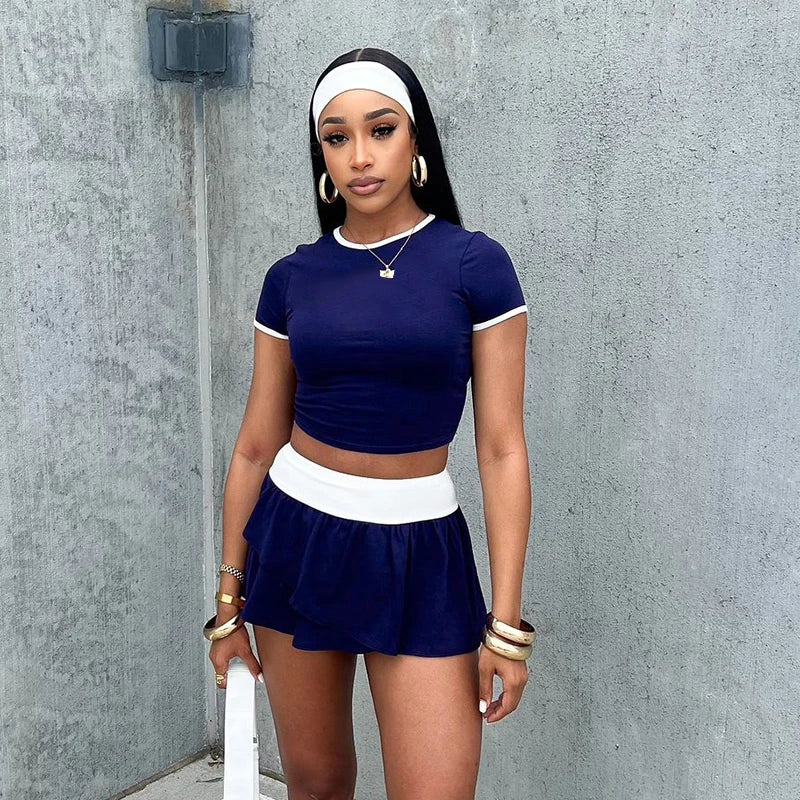 Round Neck Sport Top Two Piece Set Short Slim T-Shirt Pleat Mini Skirt Patchw