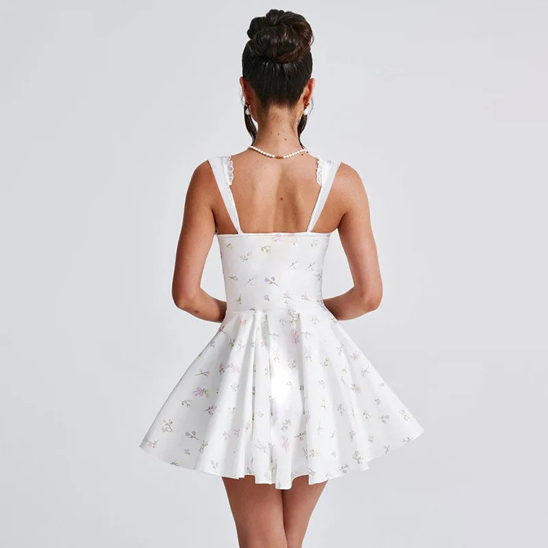 Sleeveless Deep V Backless Pleated Dress Hip Skirt Bodycon Slim Fit Printed Lace Dress