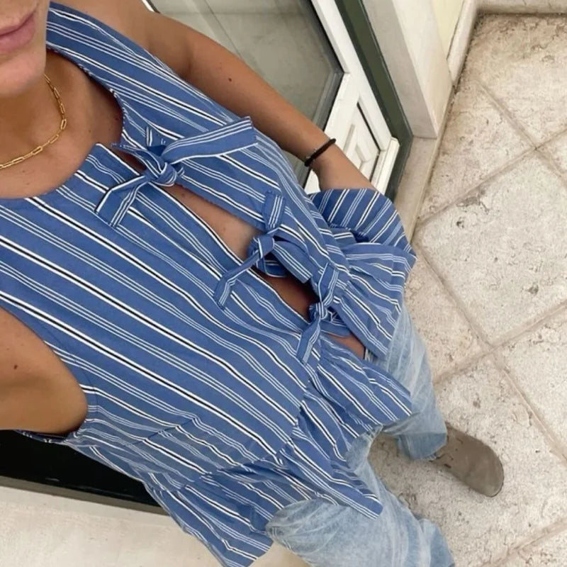 Striped Sleeveless Tie Up Top