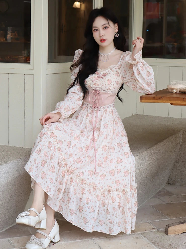Spring Pink Floral Dress Bandage Lace Print Dress Puff Sleeve Kawaii Dress Princess Fairy