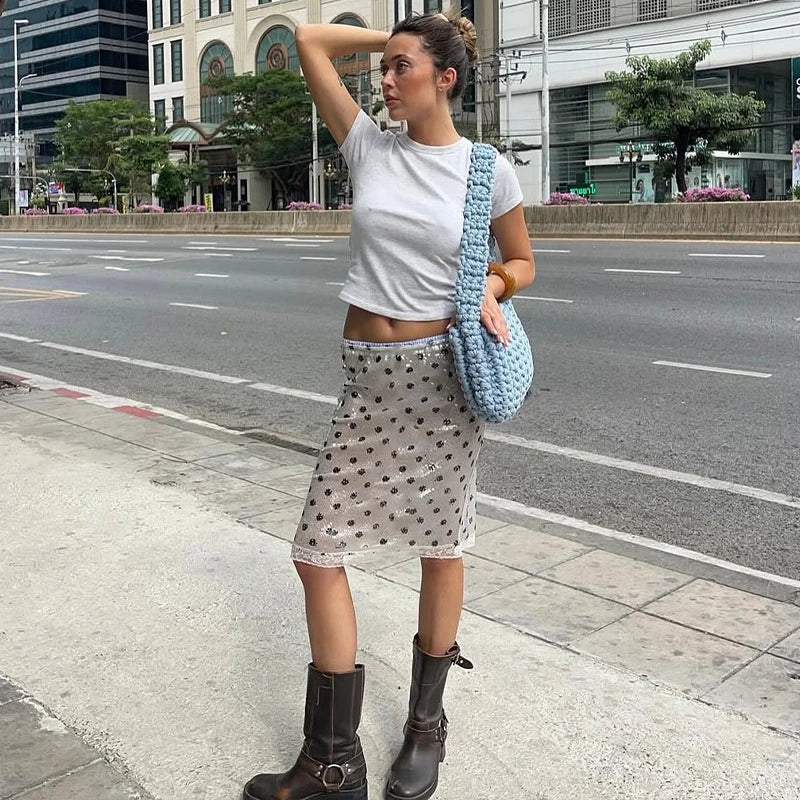 White Polka Dot Low Waist Midi Skirt