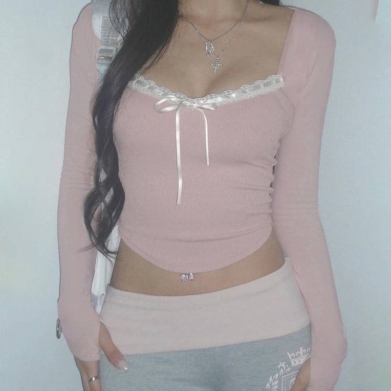 Lace-up Tshirts Square Collar Crop Top Long Sleeves Slim