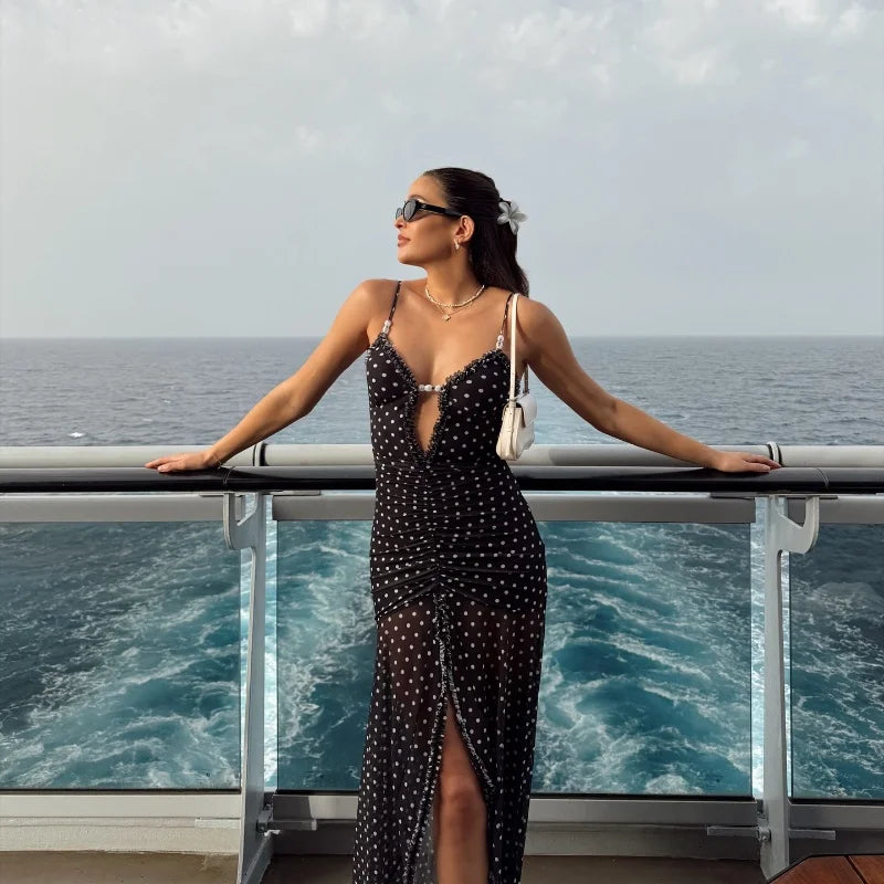 Black Backless V-Neck Polka Dot Maxi Dress