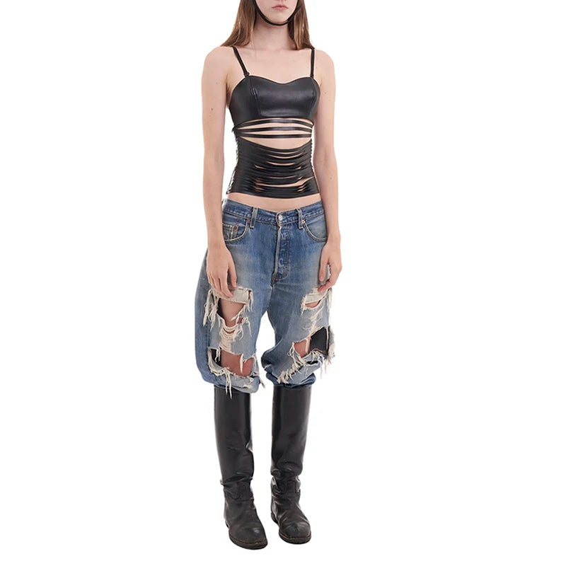 Faux Leather Camisole Top Multi-Cutout Midnight tie Versatile Mini Top