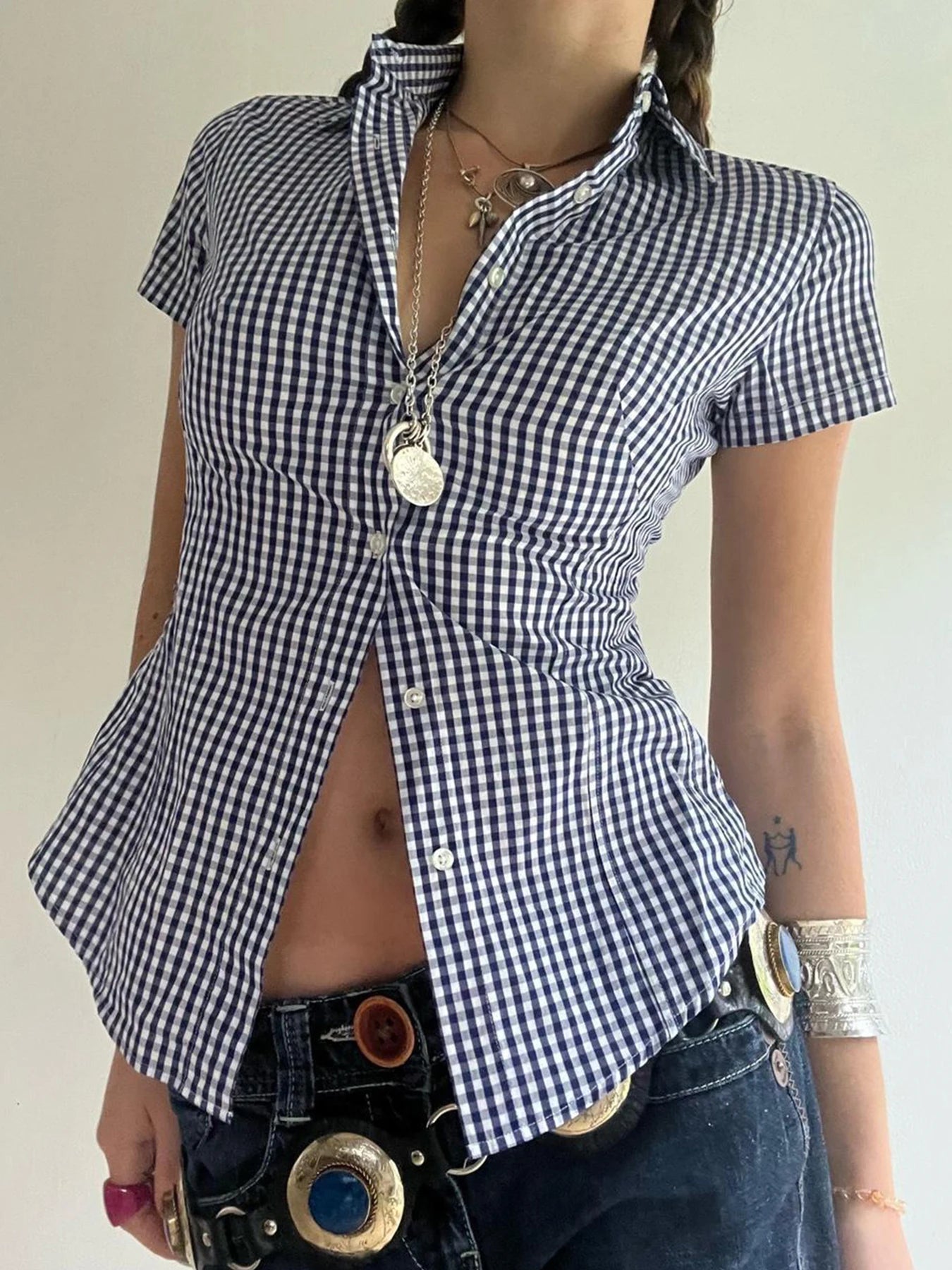 American Retro Short Sleeve Plaid Shirts Button Up Turn Down Collar Preppy Tops