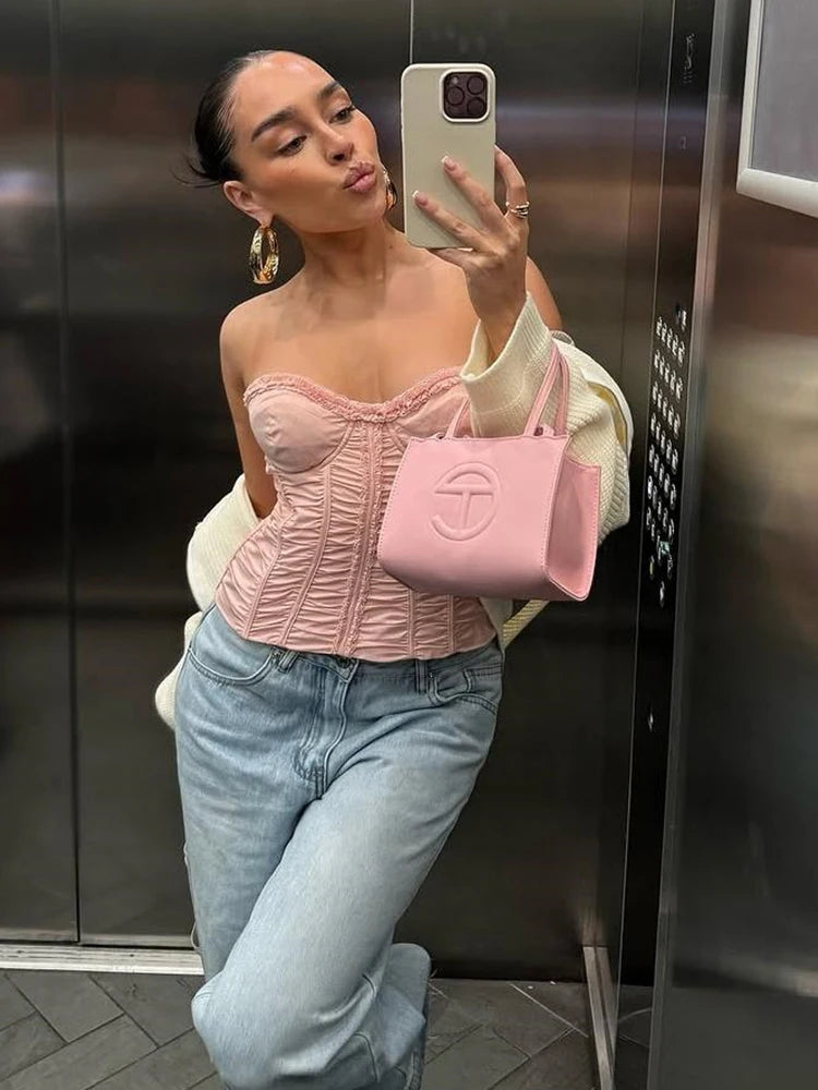 Ruffles Corset Top Fake Fishbones Wrap Daily stretch Tube Top