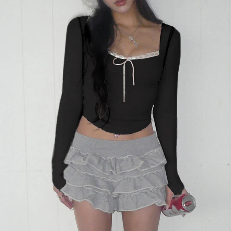 Lace-up Tshirts Square Collar Crop Top Long Sleeves Slim