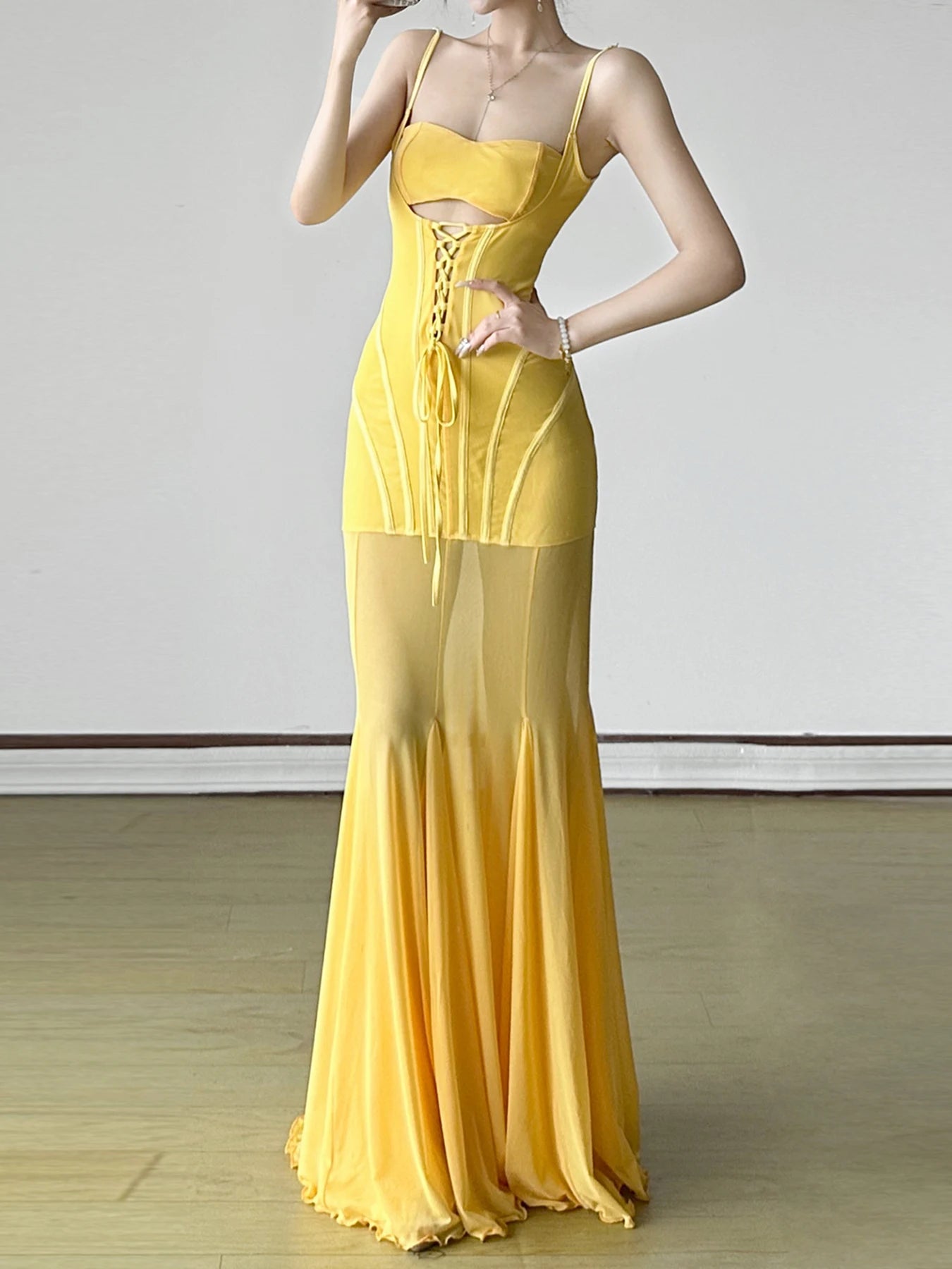 Hollow Out Trumpet Dress See Through Slim Slash Neck Sleeveless Maxi