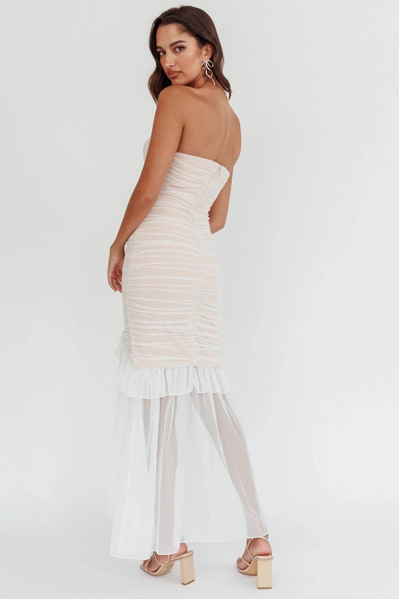 Mesh Patchwork Ruffle Edge Double Layered Dress For Bodycon Zipper Tight Dress