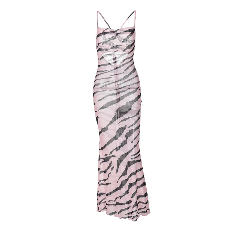 Mesh Zebra Backless Lace Up See Through Maxi Dress