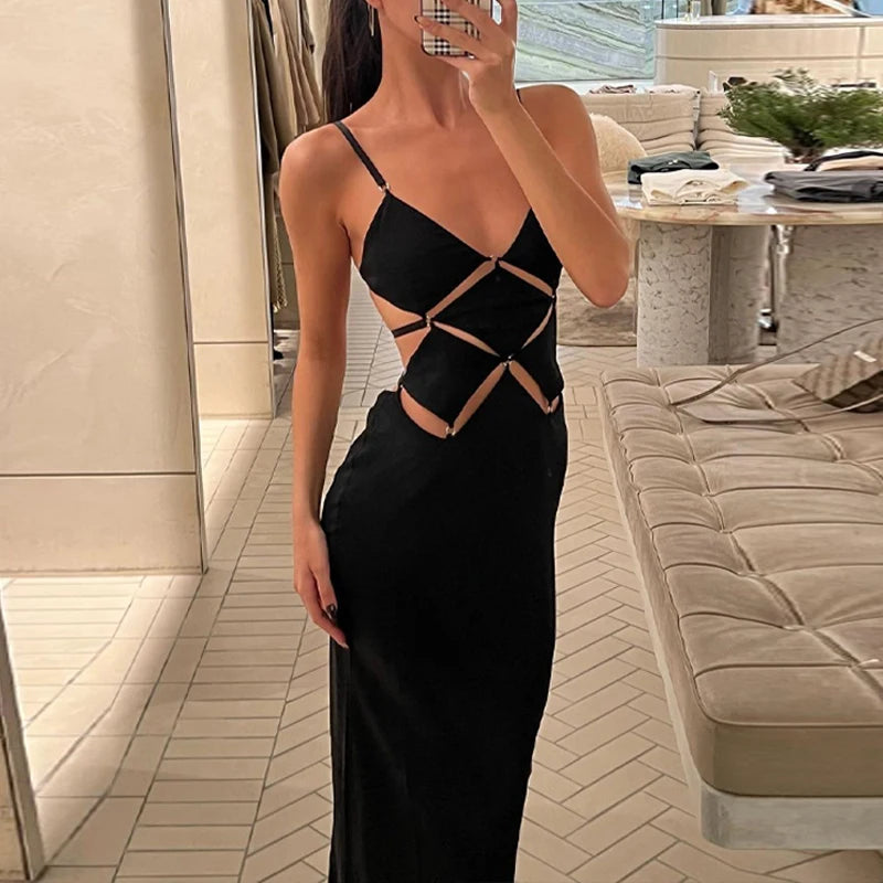 V Neck Hollow Out Backless Bodycon Maxi Dress