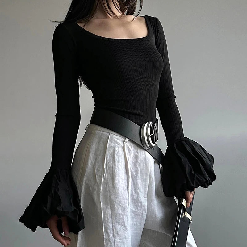 O Neck Pullover T Shirt Slim Fit Puff Flar Long Sleeve Top