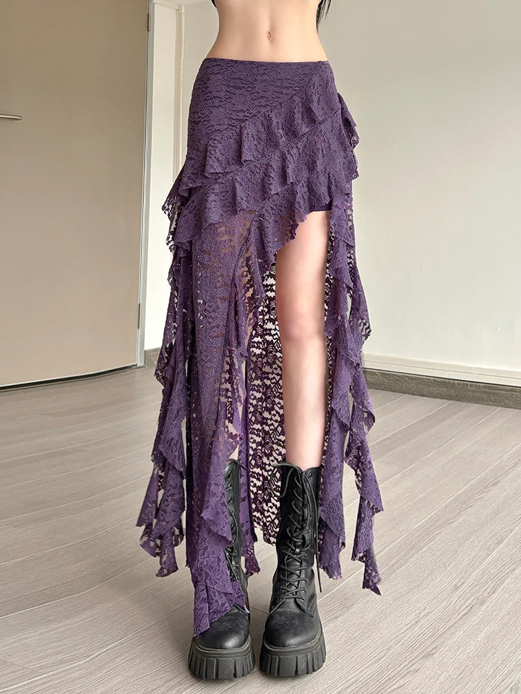 Irregular Ruffles Lace Patchwork Skirt