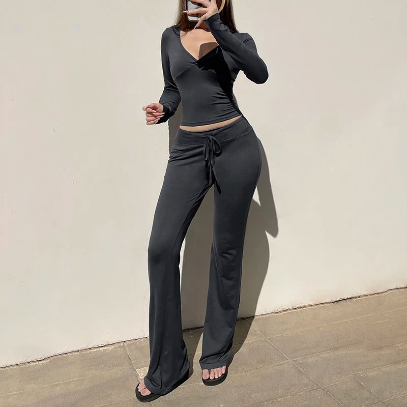 V-neck Top Full Length Pants Drawstring Suits Simple Slim Long Sleeves Low Waist