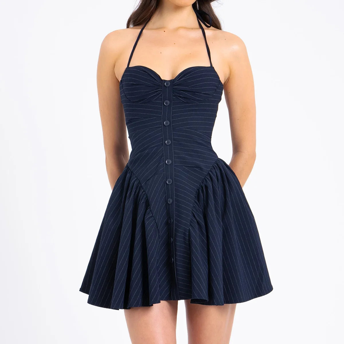Pure Desire Striped Hanging Neck, Waist, and Bareback Dress for Niche High End Dress