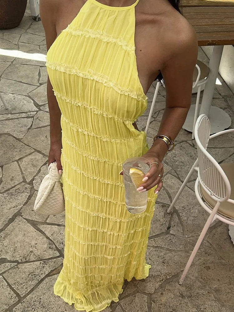 Backless See Through Halter Maxi Dress Sleeveless High Waist Dress Loose