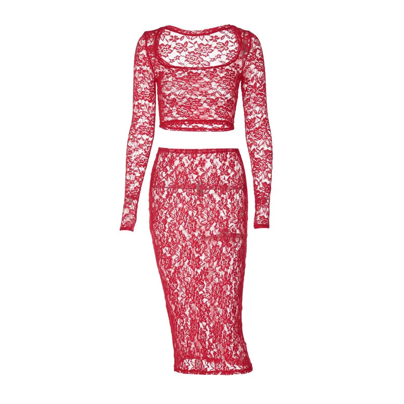 Red Lace See Through Two Piece Set