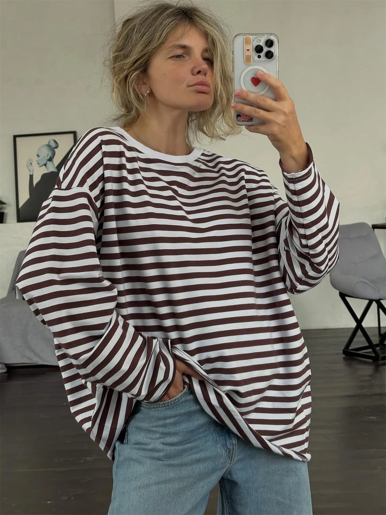 Overiz Strip Seweathirt Crewneck Looe Long Sleeve Top