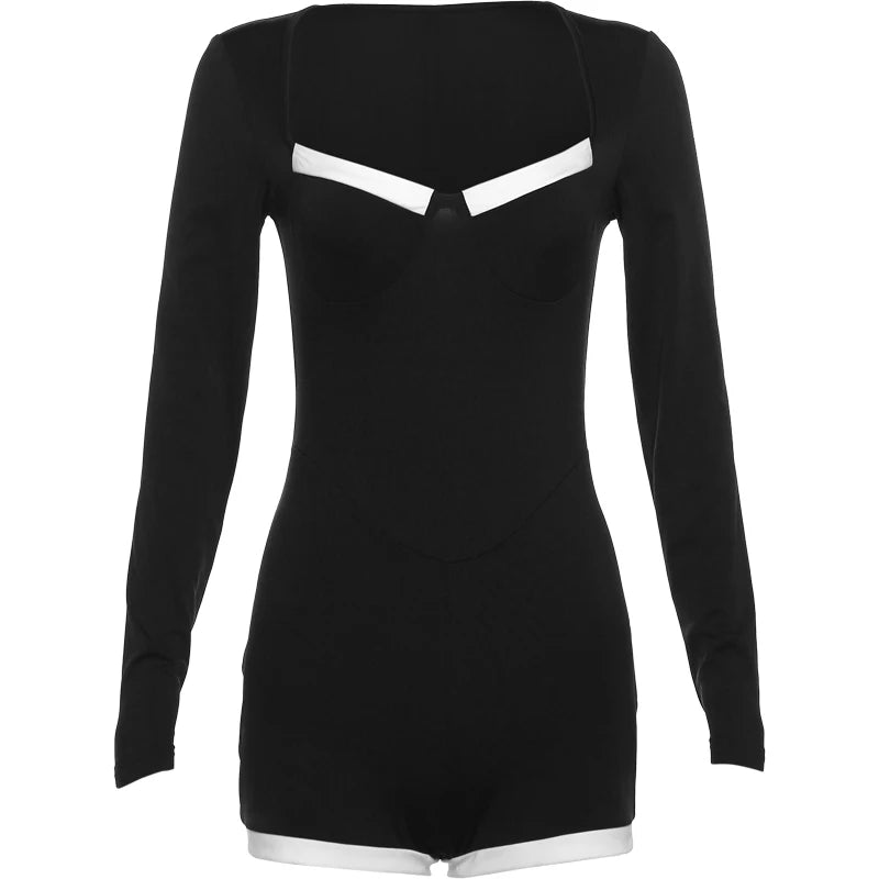 Square Collar Playsuit Fall Patchwork Long Sleeve Stretch Long Sleeve Romper Overalls