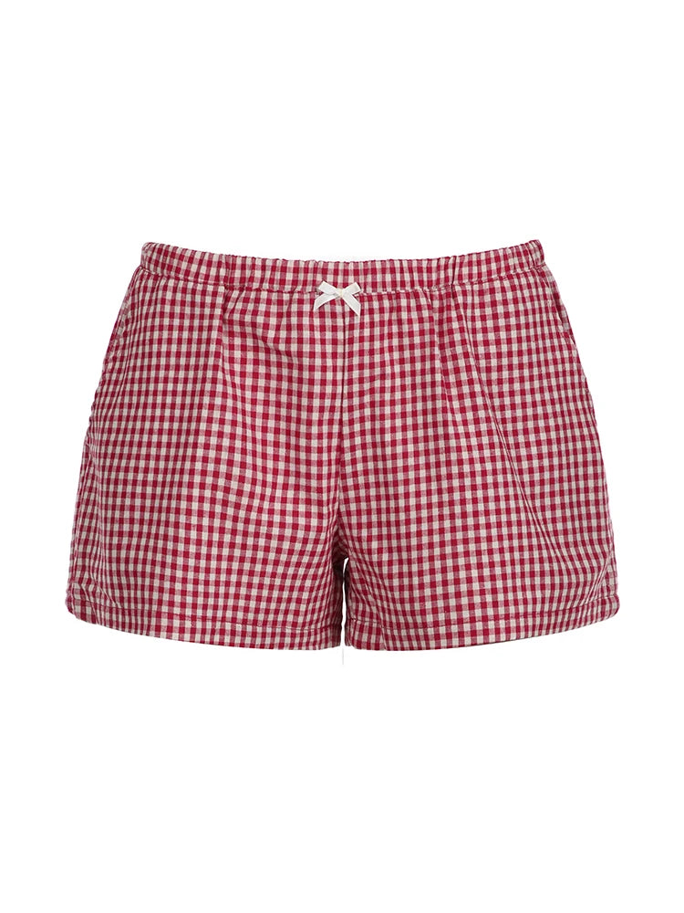 Red Plaid Bow Elastic Waist Shorts