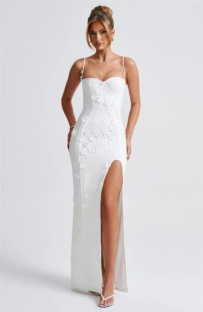 Flower Spaghetti Strap Maxi Dress Off-shoulder Backless Thigh High Split Evening Dress