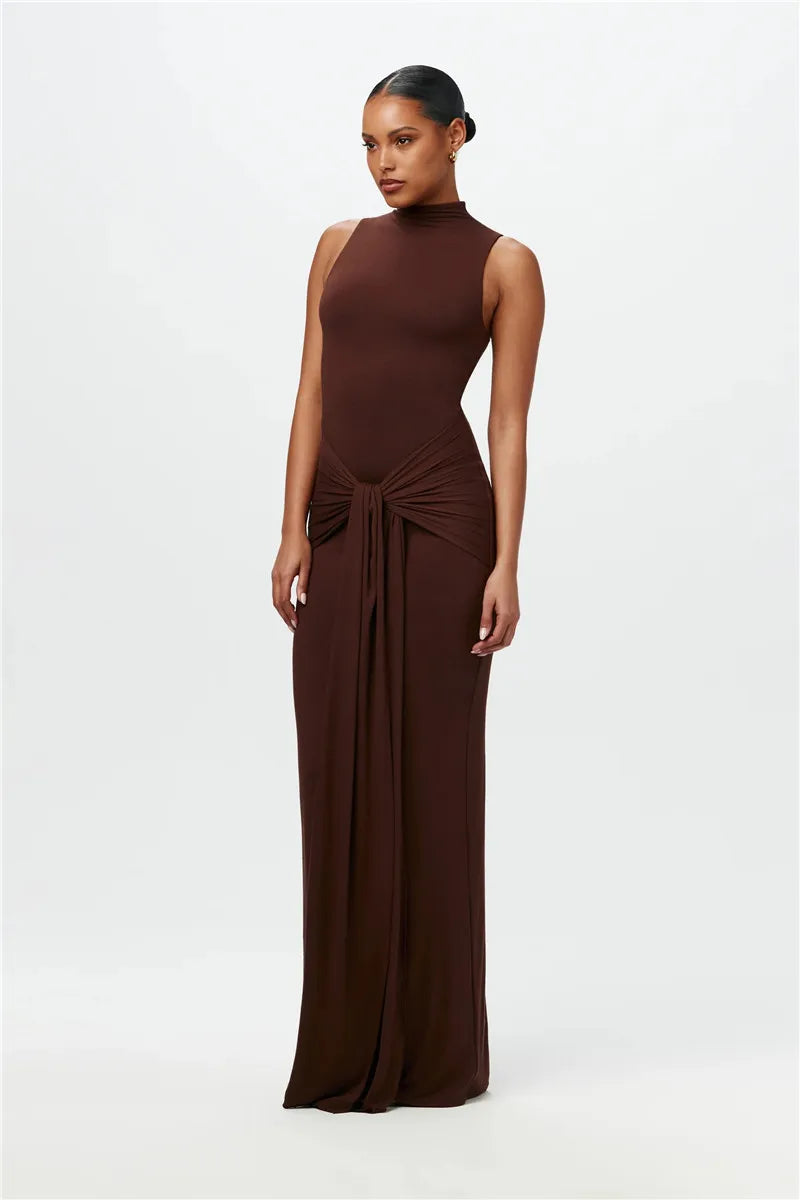 Half High Collar Irregular Tank Dress Sleeveless Bodycon Ruched Long Dress