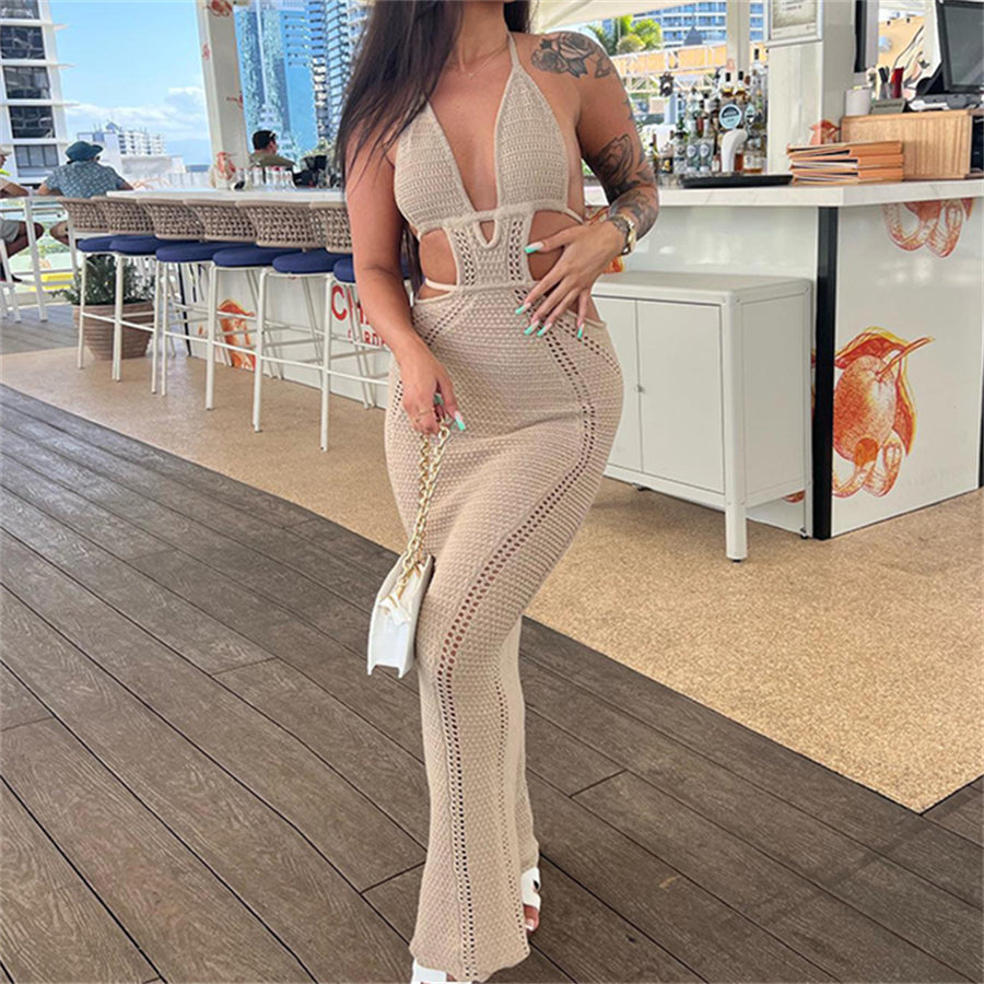 Halter Tie-up Knit Crochet Dress Backless Sleeveless Deep V Cutout Waist Wrapped Bodycon Dress