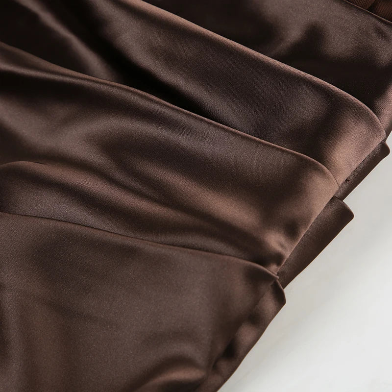Patchwork Mesh Satin Dress See Through Slim Slash Neck Sleeveless Maxi