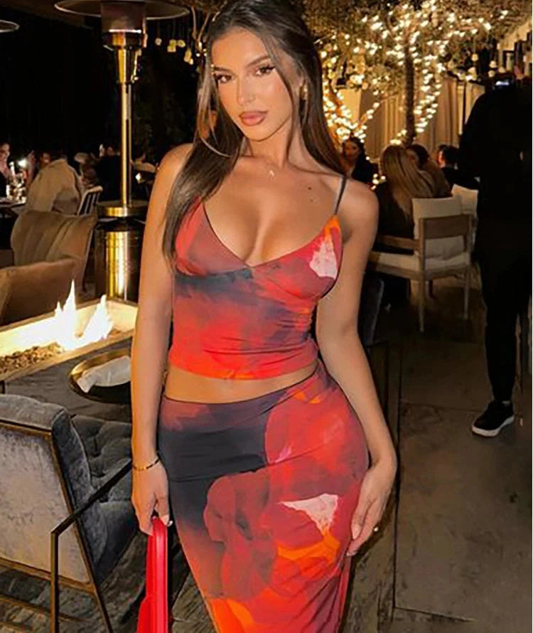 Stunning Panelled Two Piece Set Low Neck Slim Camisoles High Waist Maxi Skirt Attire