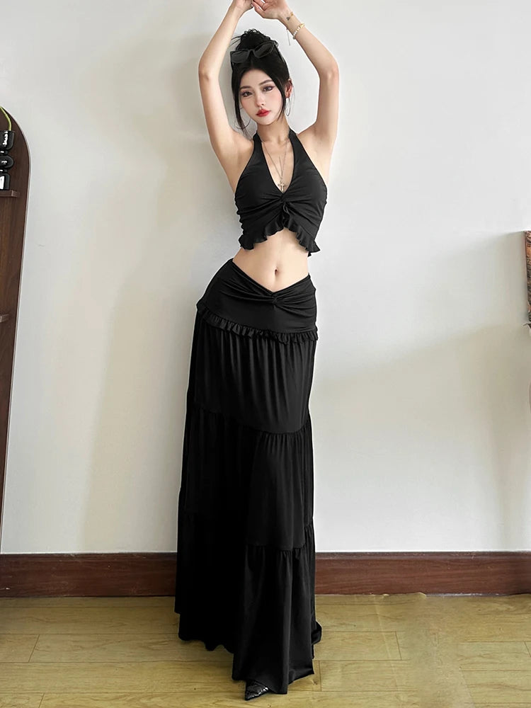 Two Piece Set Halter Backless Crop Camisole Waist Ruffles Long Skirt Ruched Street Suits
