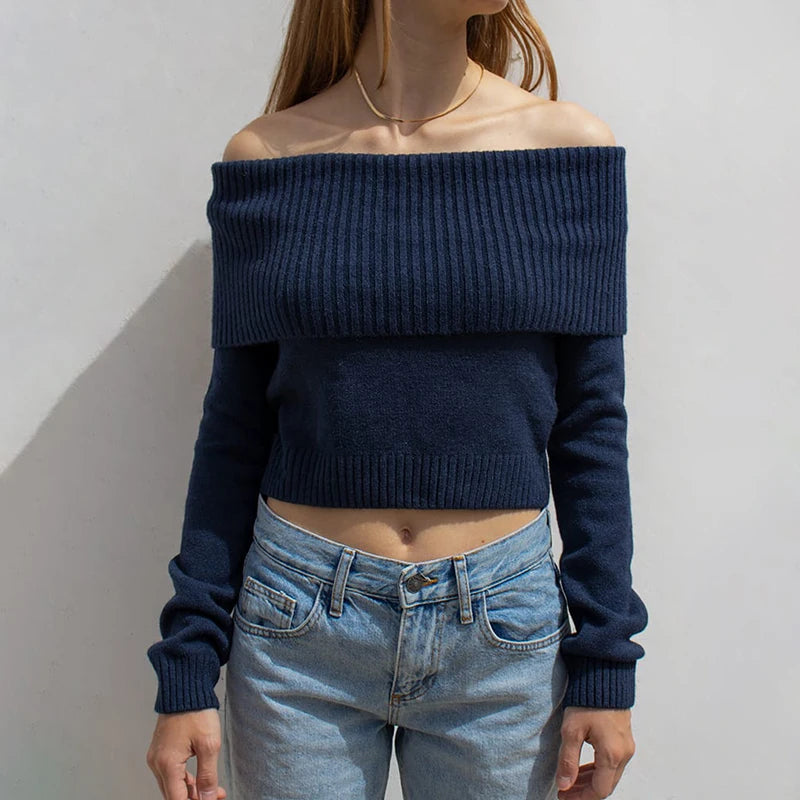Slah Neck Sweater Slim Knit Pullover