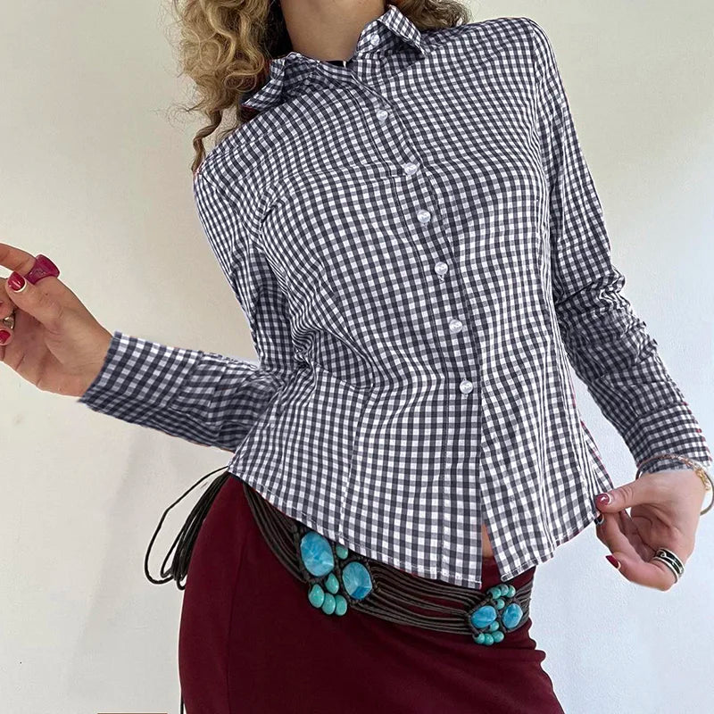 Plaid Button Up Bloue Turn-down Neck Shirt Top