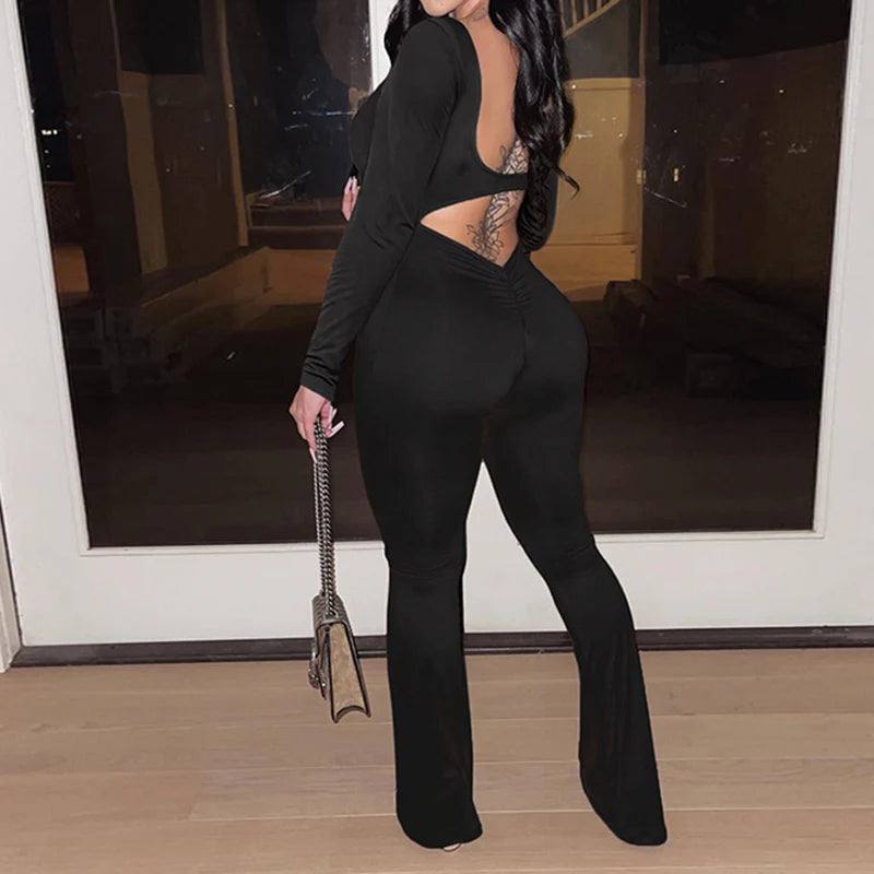 Backless Hollow Out Jumpsuits Long Sleeves Overalls Ruched Slim Rompers