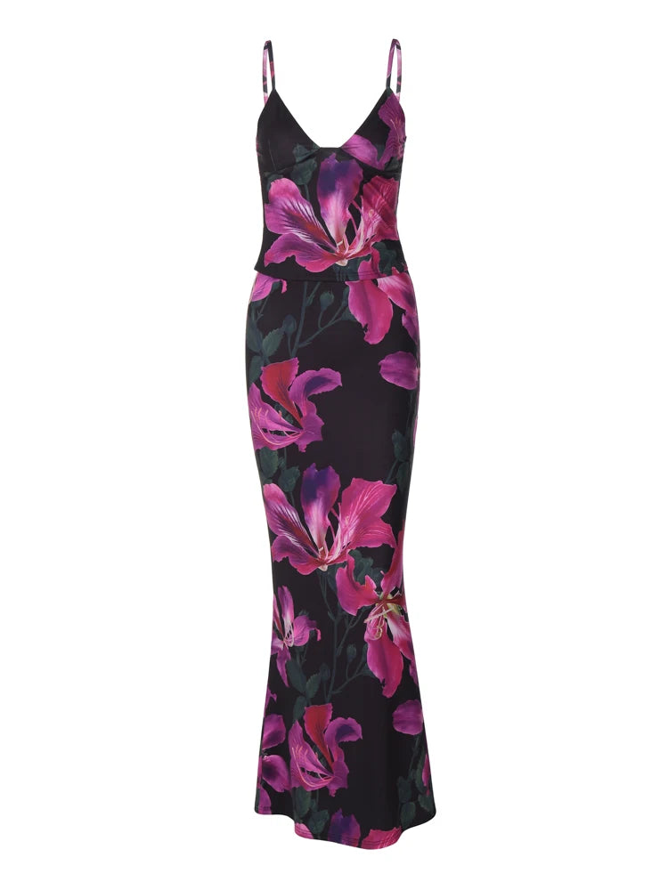Matching Suit Floral Top Midi Skirt Set