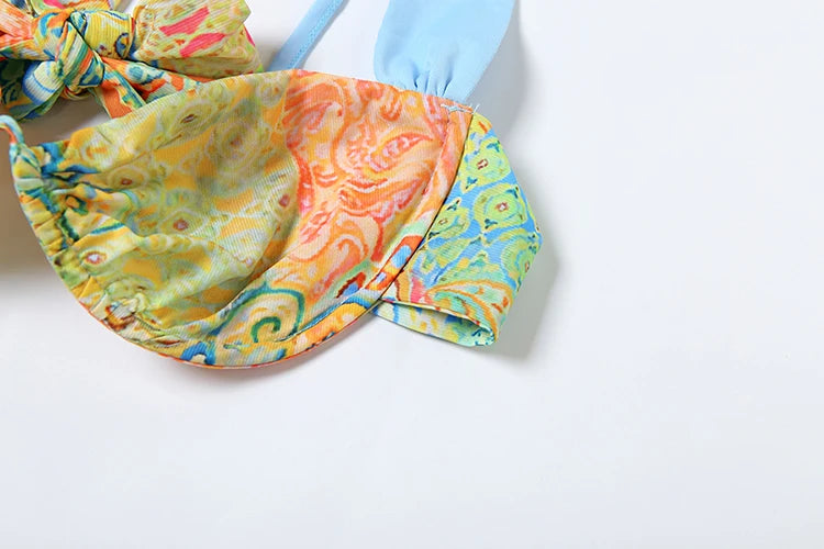 Two Piece Set Colorful Print Bra Top High-Waist Hollow Maxi Skirt Matching